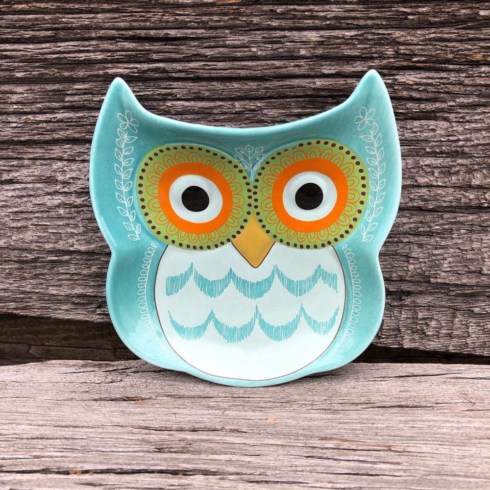 🩵Ceramic Owl Dish Aqua ring holder Boho serveware plate Teal trinket eclectic 🧡
